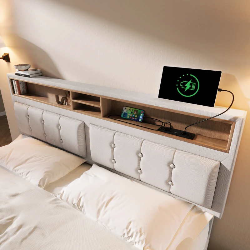Letto Matrimoniale Imbottito con Contenitore, Testata Letto Matrimoniale Imbottita, 4 Cassetti e Stazione di Ricarica USB-C, Testiera Regolabile, Rete in Legno 160x200 cm, Beige