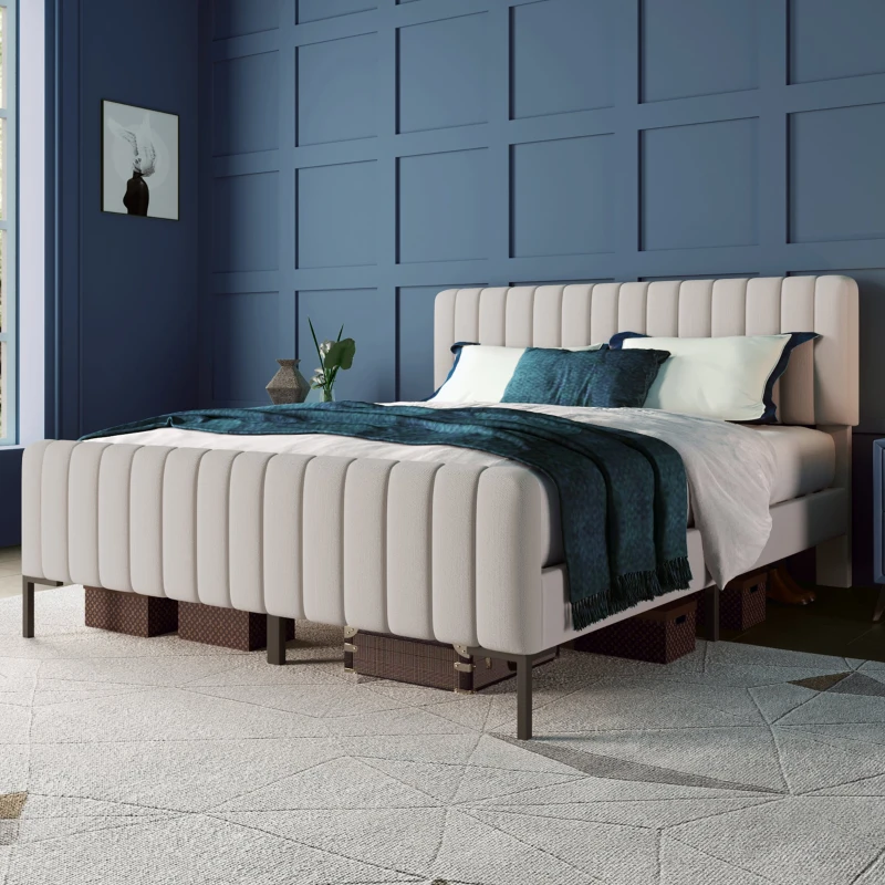 Cama Matrimonial Acolchada en Tela de Lino 140x200 cm con Cabecera Ajustable y Somier de Láminas Sin Colchón Gris-Beige