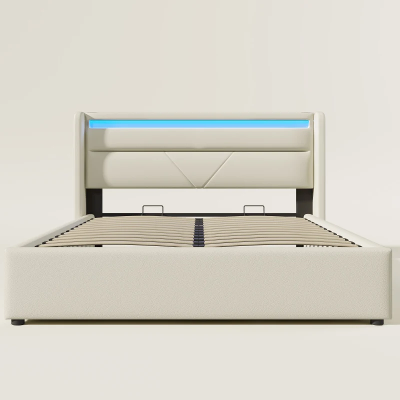 Letto Matrimoniale Idraulico con LED, Struttura Letto Matrimoniale con Contenitore 140x200 cm, Funzionale e Moderno, Bianco