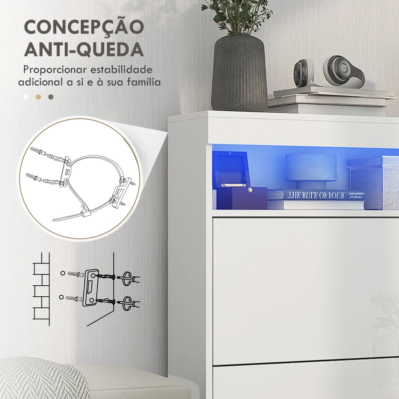 HOMCOM Móvel Sapateira de Entrada com Luzes LED Prateleira Aberta e 2 Gavetas Basculantes para 12-16 Pares 80x24x99,5 cm Branco Brilhante