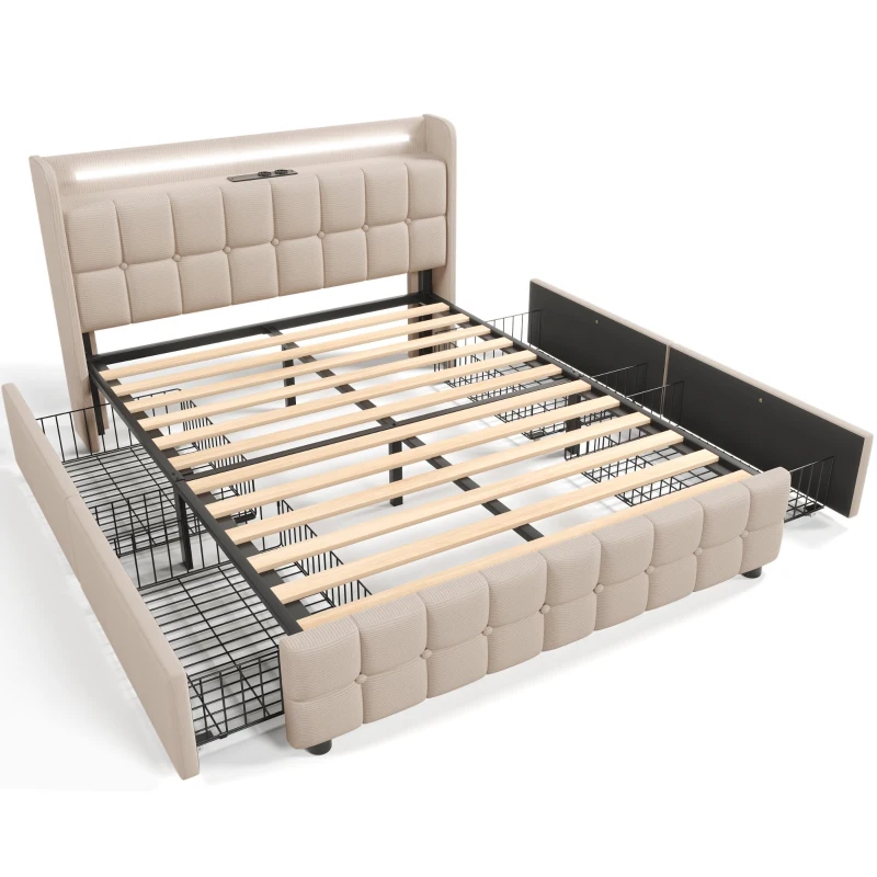 Letto Matrimoniale con Testiera USB e LED, 4 Cassetti, Struttura in Legno, Testata Letto Matrimoniale Imbottita, Testiera Letto Matrimoniale, Beige