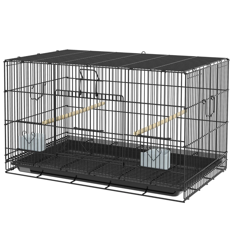 PawHut Gaiola para Pássaros 77x46x45 cm Gaiola de Metal para Pássaros com Bandeja Amovível 2 Poleiros e 2 Comedouros Preto