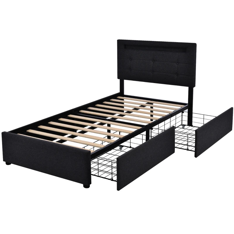 Letto Singolo Imbottito con Illuminazione LED e 2 Cassetti, Testiera Regolabile, Rete a Doghe in Legno, Nero