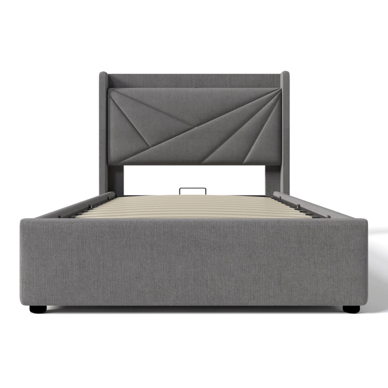 Letto Singolo Contenitore con Funzione di Ricarica USB Tipo C, Struttura in Lino, Testiera Integrata, Senza Materasso 90x200, Grigio