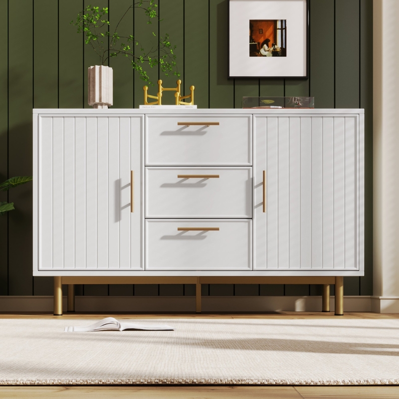 Credenza Con Cassetti E Ante - Mobile Soggiorno Con Gambe E Maniglie Dorate, Design Elegante, Bianco