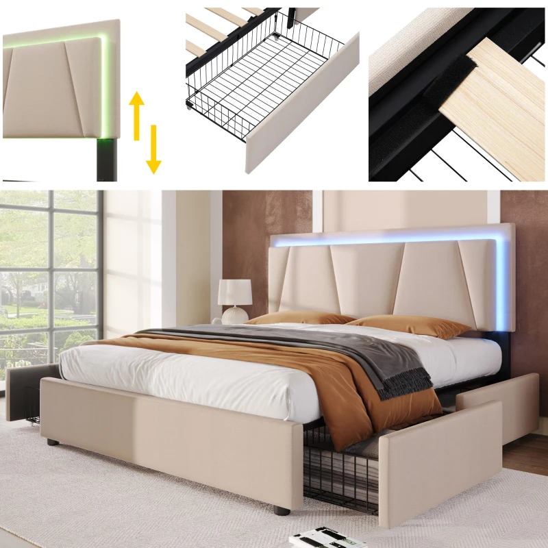 Letto Matrimoniale con LED e 4 Cassetti, Testiera Regolabile in Altezza, Testata Letto Matrimoniale Imbottita, Struttura Letto Matrimoniale in Legno (Senza Materasso), Beige