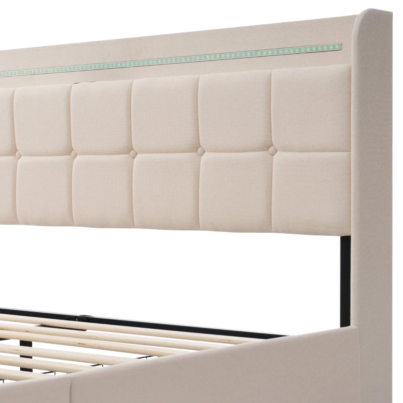 Cama con Cabecero Usb E Iluminación Led 4 Cajones Estructura de Madera Cabecera Acolchada 140x200 cm Beige