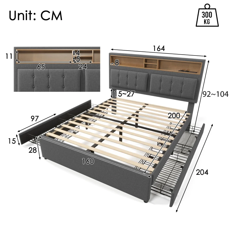 Letto Matrimoniale Imbottito con Contenitore, Testata Letto Matrimoniale Imbottita, 4 Cassetti e Stazione di Ricarica USB-C, Testiera Regolabile, Rete in Legno 160x200 cm, Grigio