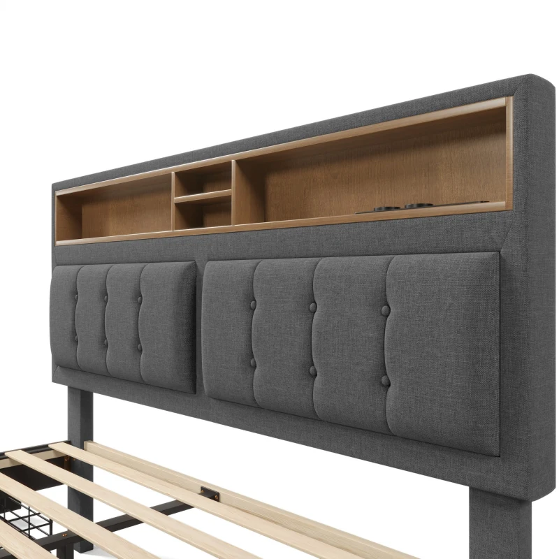Letto Matrimoniale Imbottito con Contenitore, Testata Letto Matrimoniale Imbottita, 4 Cassetti e Stazione di Ricarica USB-C, Testiera Regolabile, Rete in Legno 160x200 cm, Grigio
