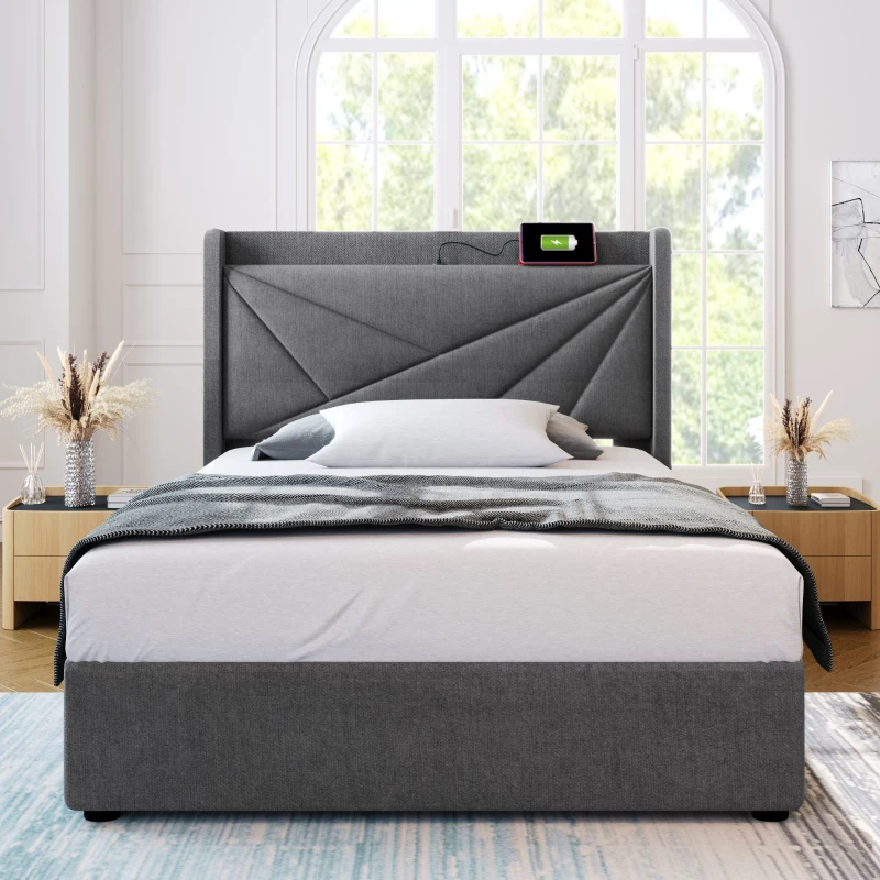 Letto Singolo Contenitore con Funzione di Ricarica USB Tipo C, Struttura in Lino, Testiera Integrata, Senza Materasso 90x200, Grigio