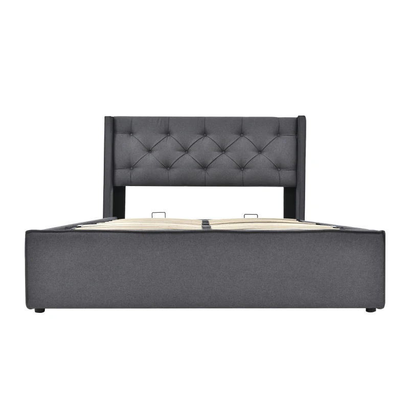 Letto Matrimoniale Idraulico Imbottito 140x200 cm con Rete a Doghe in Metallo, Struttura Moderna con Contenitore, Tessuto in Cotone (Con Materasso Incluso) - Letto Matrimoniale con Contenitore, Testata Imbottita, Grigio