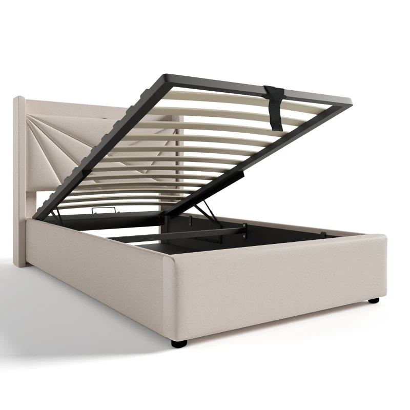 Letto Singolo Contenitore con Funzione di Ricarica USB Tipo C, Testiera Integrata, Struttura in Lino - 90x200 cm, Beige