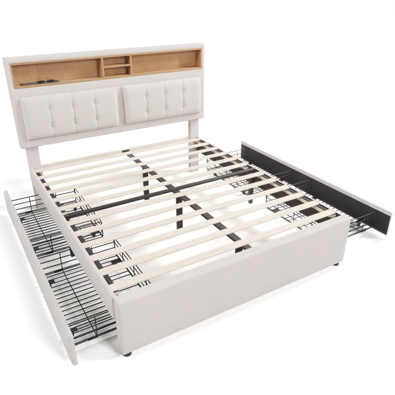 Letto Matrimoniale Imbottito con Contenitore, Testata Letto Matrimoniale Imbottita, 4 Cassetti e Stazione di Ricarica USB-C, Testiera Regolabile, Rete in Legno 160x200 cm, Beige