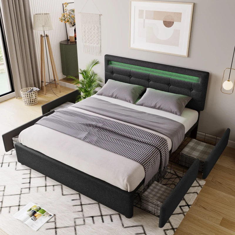 Letto Matrimoniale Imbottito con Illuminazione LED e 4 Cassetti, Testiera Regolabile, Rete a Doghe in Legno, Inclusa Materasso - Testata Letto Matrimoniale Imbottita, Nero