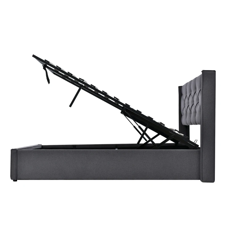 Letto Matrimoniale Idraulico Imbottito 140x200 cm con Rete a Doghe in Metallo, Struttura Moderna con Contenitore, Tessuto in Cotone (Con Materasso Incluso) - Letto Matrimoniale con Contenitore, Testata Imbottita, Grigio