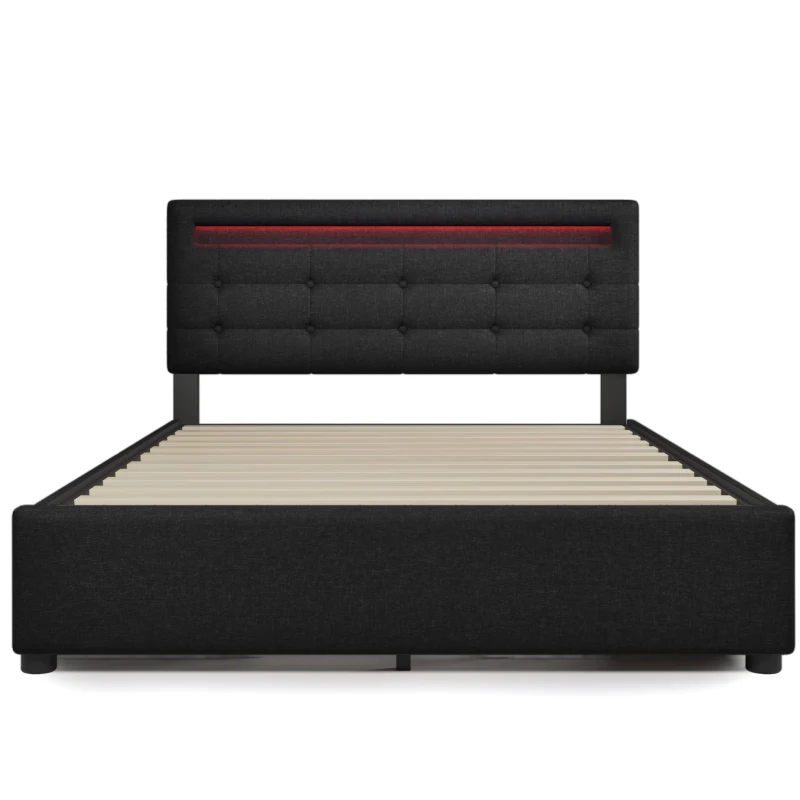 Letto Matrimoniale Imbottito con Illuminazione LED e 4 Cassetti, Testiera Regolabile, Rete a Doghe in Legno, Inclusa Materasso - Testata Letto Matrimoniale Imbottita, Nero