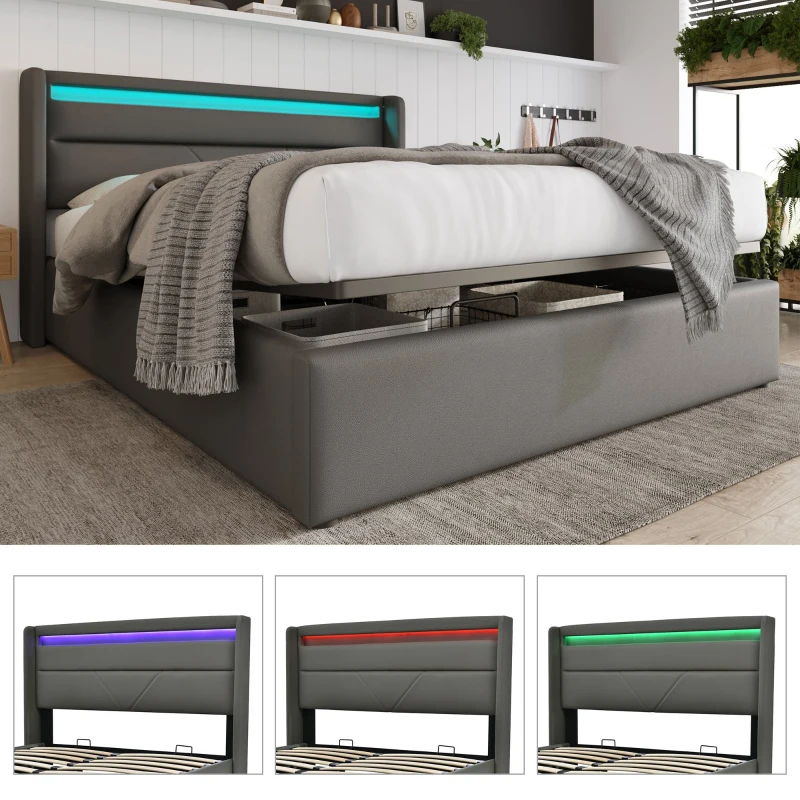 Cama de Matrimonio con Canapé Abatible Luces Led y Control Remoto Estructura Acolchada 140x200 cm Gris