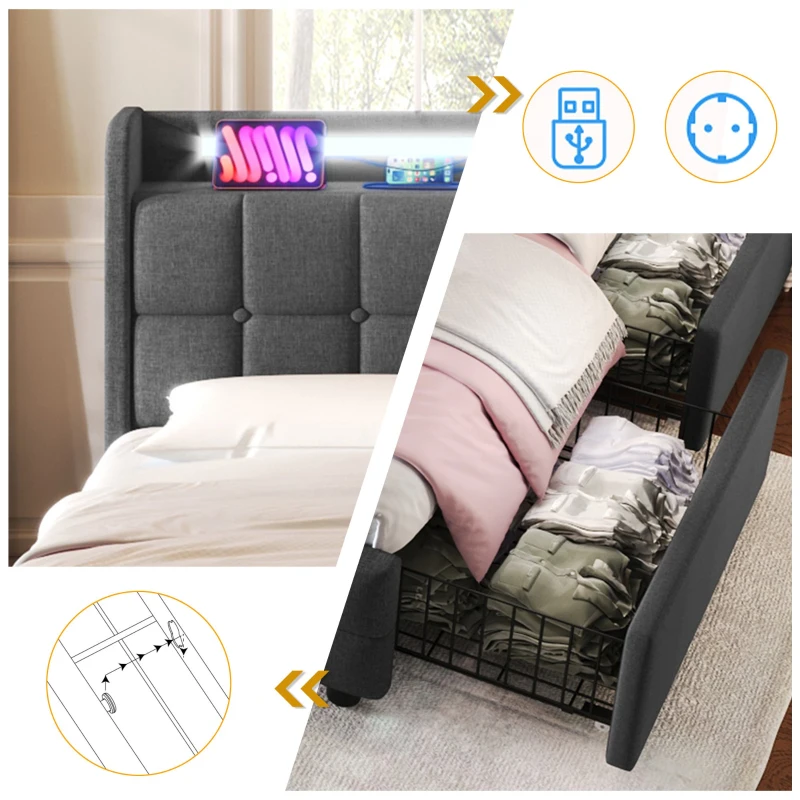 Cama con Cabecero Usb E Iluminación Led 4 Cajones Estructura de Madera Cabecero y Contenedor 140x200 cm Gris