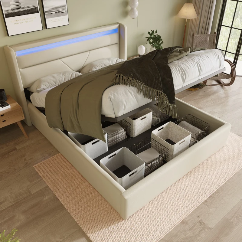 Rete per Letto Contenitore Matrimoniale con LED e Telecomando Struttura Imbottita idraulica, 140x200 cm,Bianco