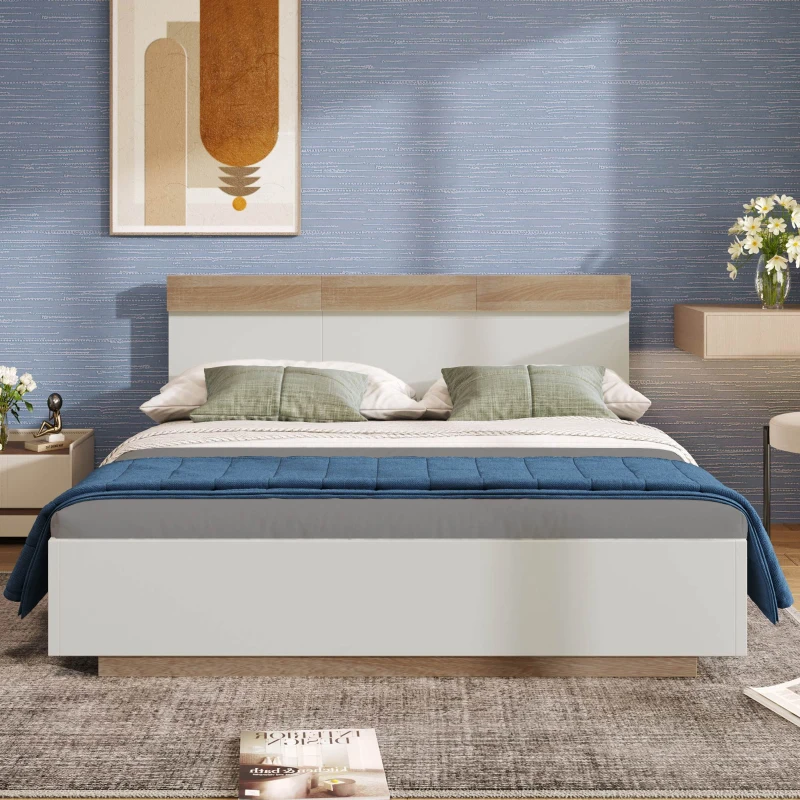 Letto Matrimoniale con Testiera e Contenitore, Struttura in Legno e Rete a Doghe, Design Moderno in Rovere , Bianco+Rovere