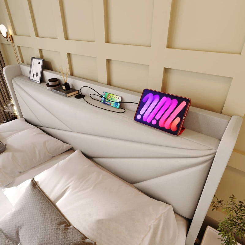 Struttura Letto Matrimoniale in ferro con Contenitore e USB-C, testiera imbottita con spugna morbida,140x200 cm, Beige