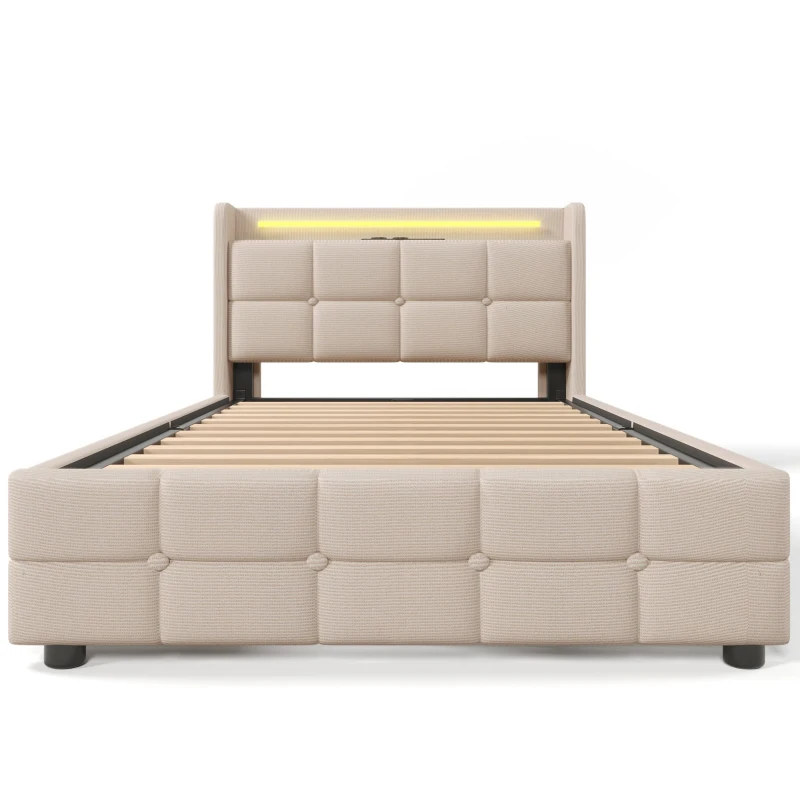 Letto Singolo con Testiera USB e LED, 90x200 cm, con 2 Cassetti e Rete in Legno, Beige