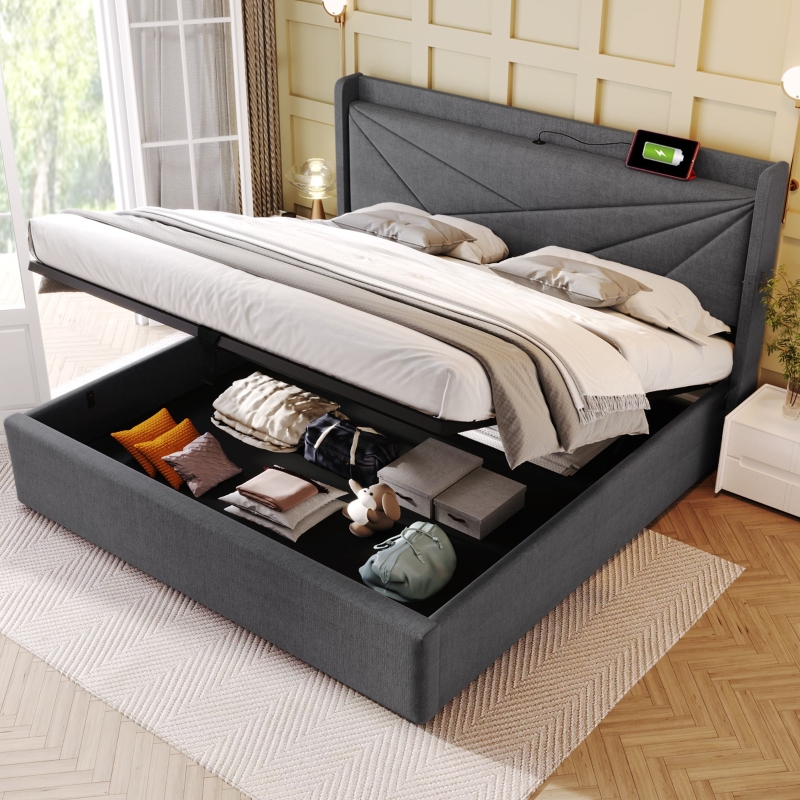 Letto Imbottito Matrimoniale 160x200 Cm In Lino Beige Con 4 Cassetti E Testiera Imbottita – Design Con Rivetti E Strisce Dorate