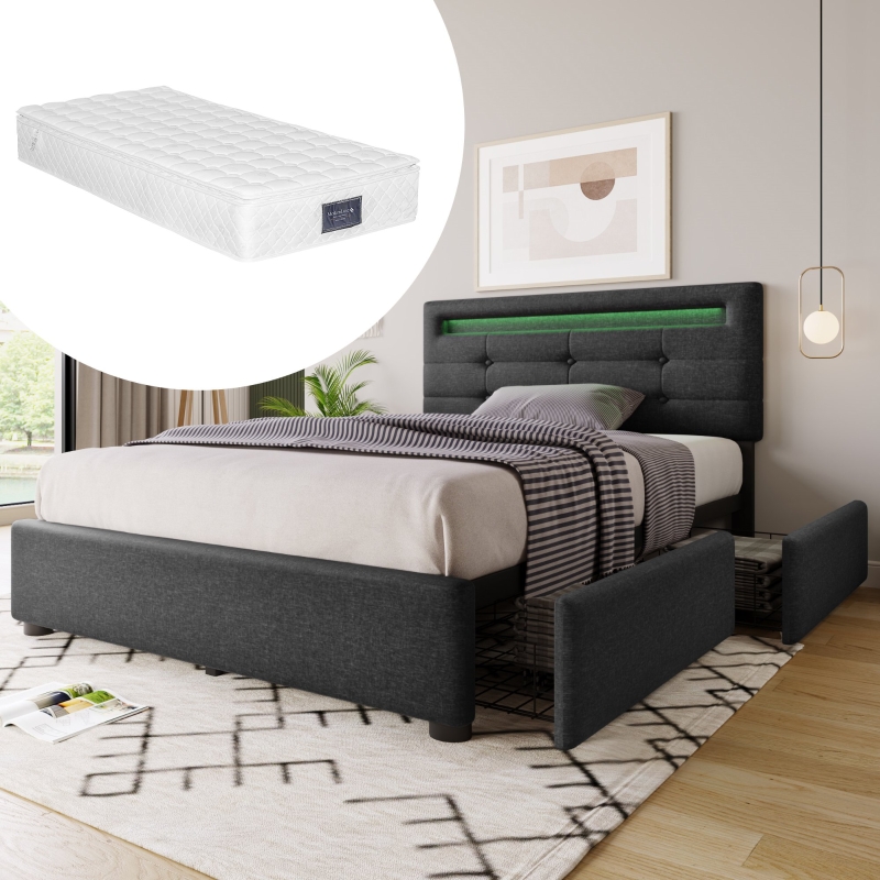 Letto Singolo Imbottito CARO-Möbel Himalaya Con Illuminazione A LED E Telecomando. 90x200 Cm, Con Rete A Doghe Inclusa, Tessuto Grigio.