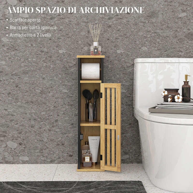 HOMCOM Mobiletto Bagno con Ripiano Aperto e Armadietto, in Bambù e MDF, 18x18x75 cm, Nero e color Legno