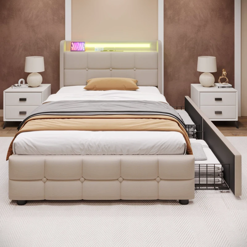Letto Singolo con Testiera USB e Illuminazione LED, Due Cassetti Integrati, Struttura in Legno, Testiera Letto Matrimoniale, Beige