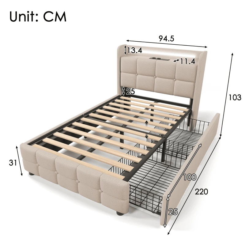 Letto Singolo con Testiera USB e LED, 90x200 cm, con 2 Cassetti e Rete in Legno, Beige