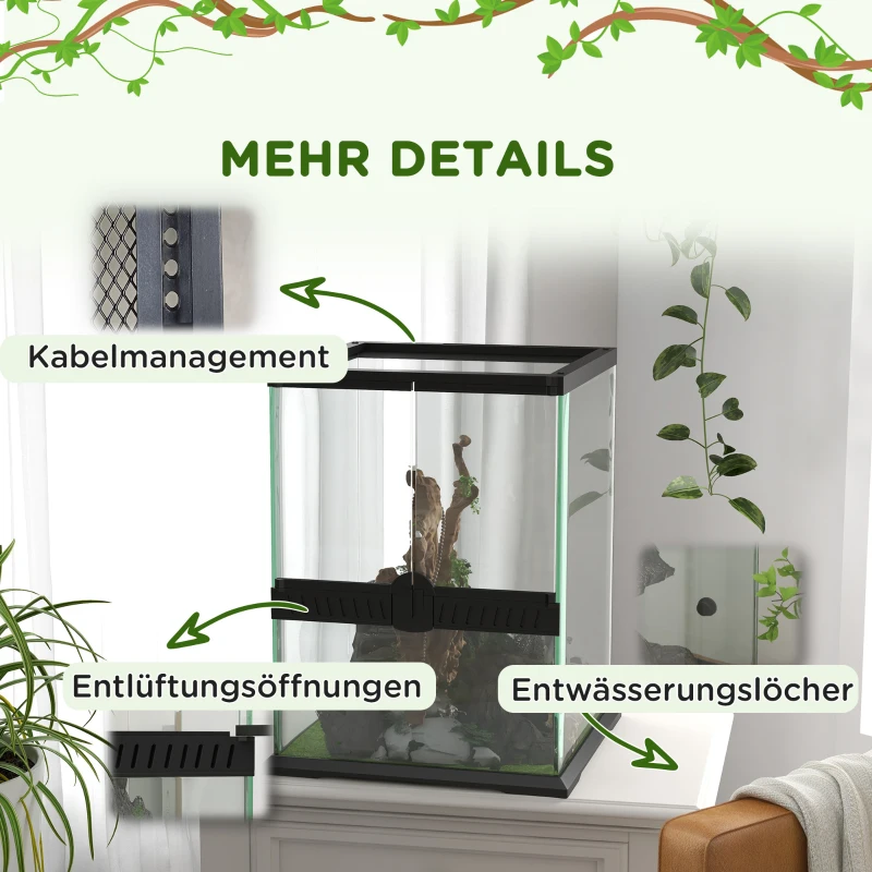 PawHut Terrarium szklane, zamek, zarządzanie kablami, 45x45x60cm, Czarny