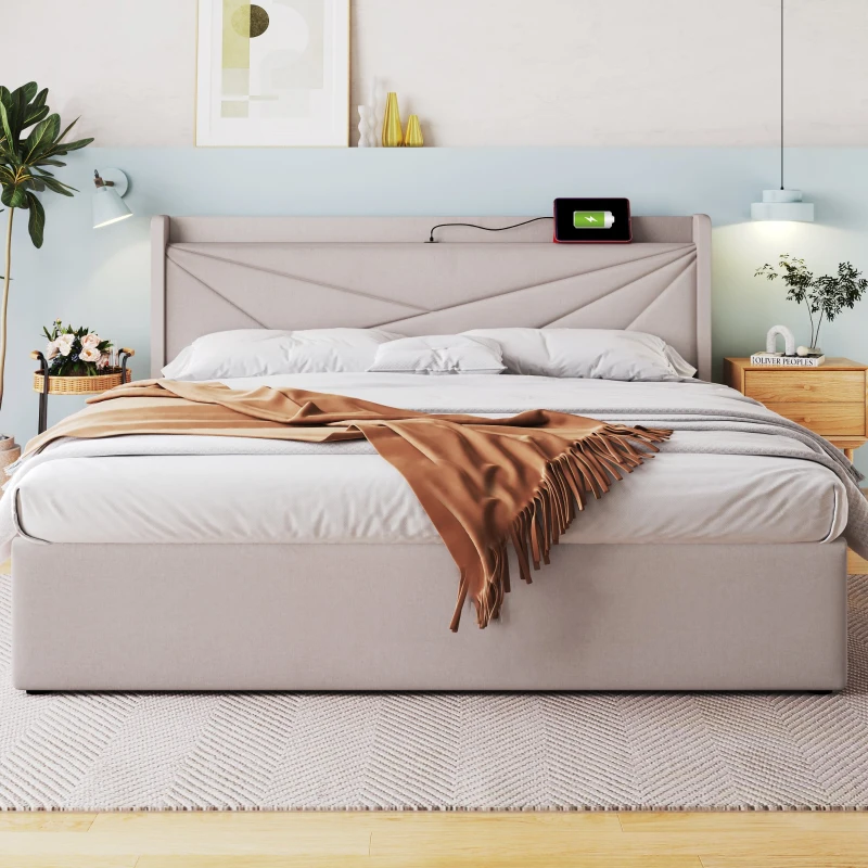 Cama de Matrimonio con Canapé Abatible Función de Carga Usb Tipo C en Algodón Lino Sin Colchón 140x200 cm Beige
