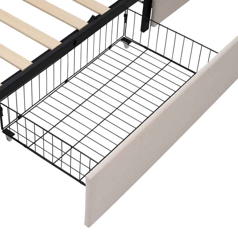 Letto Singolo con Testiera USB e LED, 90x200 cm, con 2 Cassetti e Rete in Legno, Beige