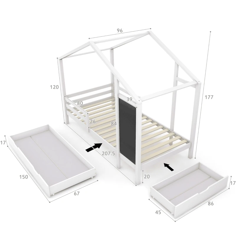 Letto per Cameretta, 6+ Anni con Lavagna e Recinzione, 2 Cassetti, Struttura in Pino 90x200 cm, Bianco