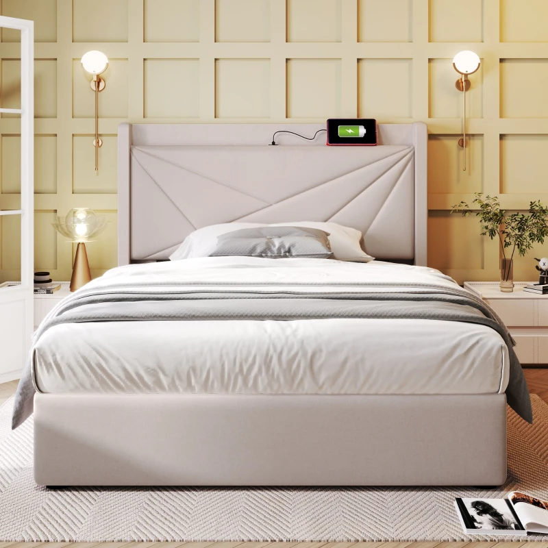 Letto Singolo Contenitore con Funzione di Ricarica USB Tipo C, Testiera Integrata, Struttura in Lino - 90x200 cm, Beige