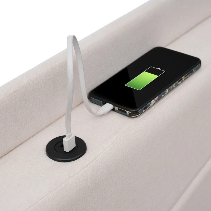 Letto Singolo Contenitore con Funzione di Ricarica USB Tipo C, Testiera Integrata, Struttura in Lino - 90x200 cm, Beige