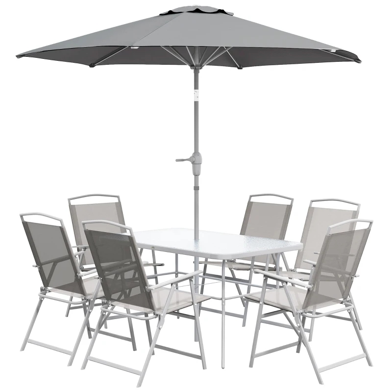 Outsunny Set de Grădină cu Masă, 6 Scaune Pliante și Umbrelă de Soare cu Manivelă, Lounge în Aer Liber din 8 Piese, 130x80x71 cm, Gri