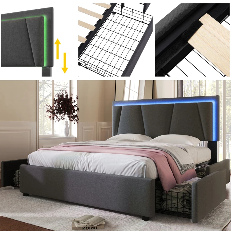 Letto Matrimoniale con Contenitore, Testata Letto Matrimoniale, Struttura Letto Matrimoniale, LED e 4 Cassetti, Testiera Regolabile, Struttura in Legno (Senza Materasso), Grigio