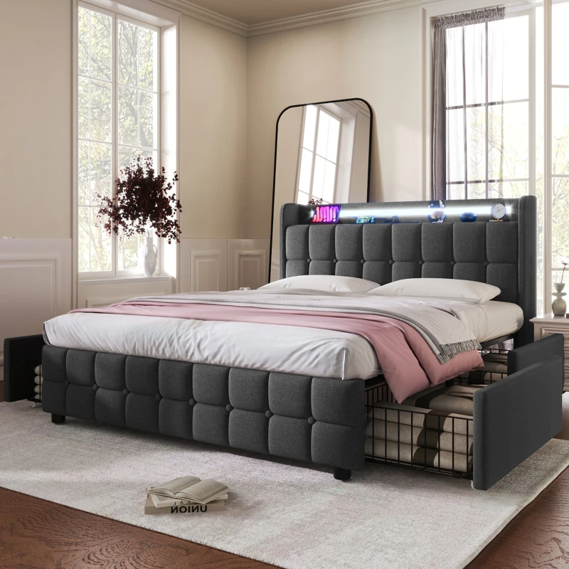 Cama con Cabecero Usb E Iluminación Led 4 Cajones Estructura de Madera Cabecero y Contenedor 140x200 cm Gris