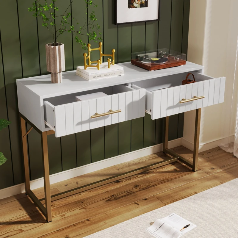 Mesa Consola Moderna con 2 Cajones y Detalles Dorados de Diseño Elegante y Funcional Blanco y Dorado