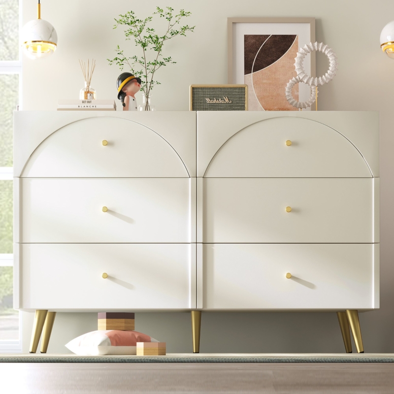 Cassettiera Con 6 Cassetti - Design Moderno Con Ante Scanalate, Base In Metallo, Bianco Crem, Dimensioni 84x140x40 Cm - 4