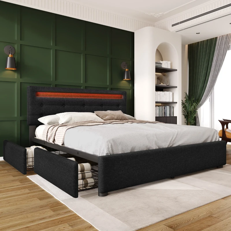 Letto Matrimoniale Imbottito con Illuminazione LED e 4 Cassetti, Testiera Regolabile, Rete a Doghe in Legno, Inclusa Materasso - Testata Letto Matrimoniale Imbottita, Nero