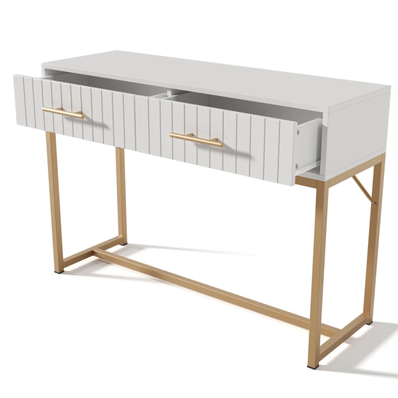 Mesa Consola Moderna con 2 Cajones y Detalles Dorados de Diseño Elegante y Funcional Blanco y Dorado