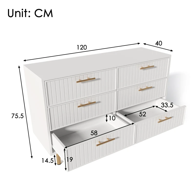 Cómoda y Aparador Moderna con 6 Cajones Aparador Elegante para Dormitorio y Espacios Habitables Blanco