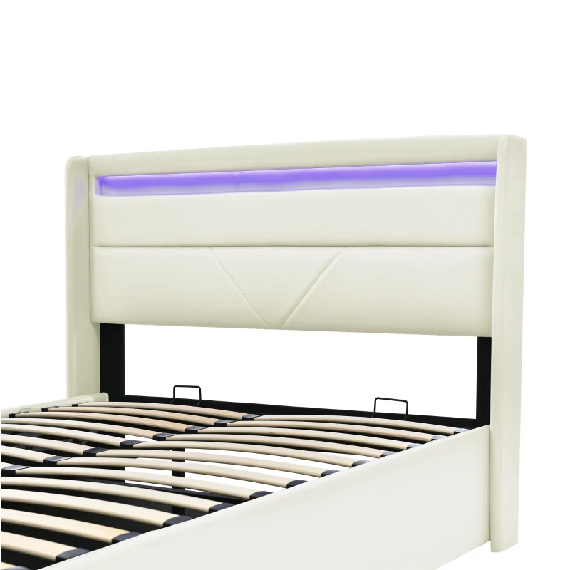 Letto Matrimoniale Idraulico con LED, Struttura Letto Matrimoniale con Contenitore 140x200 cm, Funzionale e Moderno, Bianco
