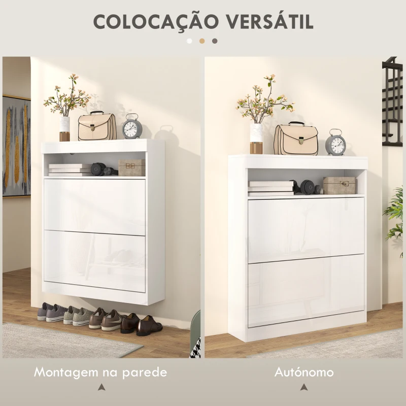 HOMCOM Móvel Sapateira de Entrada com Luzes LED Prateleira Aberta e 2 Gavetas Basculantes para 12-16 Pares 80x24x99,5 cm Branco Brilhante