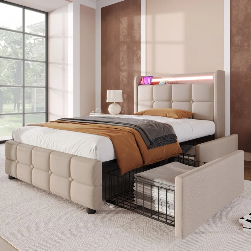 Letto Singolo con Testiera USB e Illuminazione LED, Due Cassetti Integrati, Struttura in Legno, Testiera Letto Matrimoniale, Beige