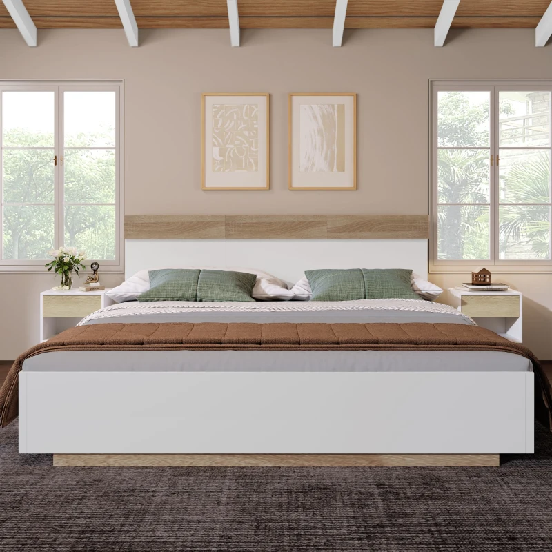 Letto Matrimoniale Moderno con Testiera, Rete a Doghe e Contenitore, Design Fluttuante in Legno, Bianco+Rovere
