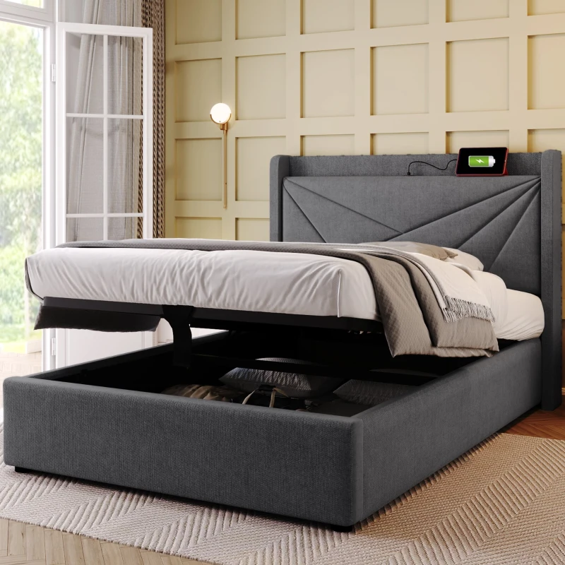 Letto Singolo Contenitore con Funzione di Ricarica USB Tipo C, Struttura in Lino, Testiera Integrata, Senza Materasso 90x200, Grigio